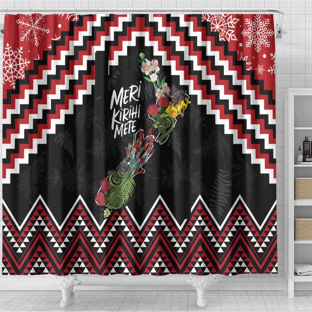 New Zealand Christmas Taniko Poutama Shower Curtain Flora Map with Birds - Aussie Hoodie