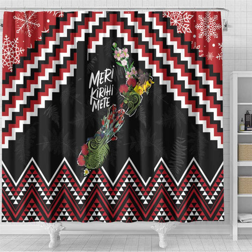 New Zealand Christmas Taniko Poutama Shower Curtain Flora Map with Birds - Aussie Hoodie