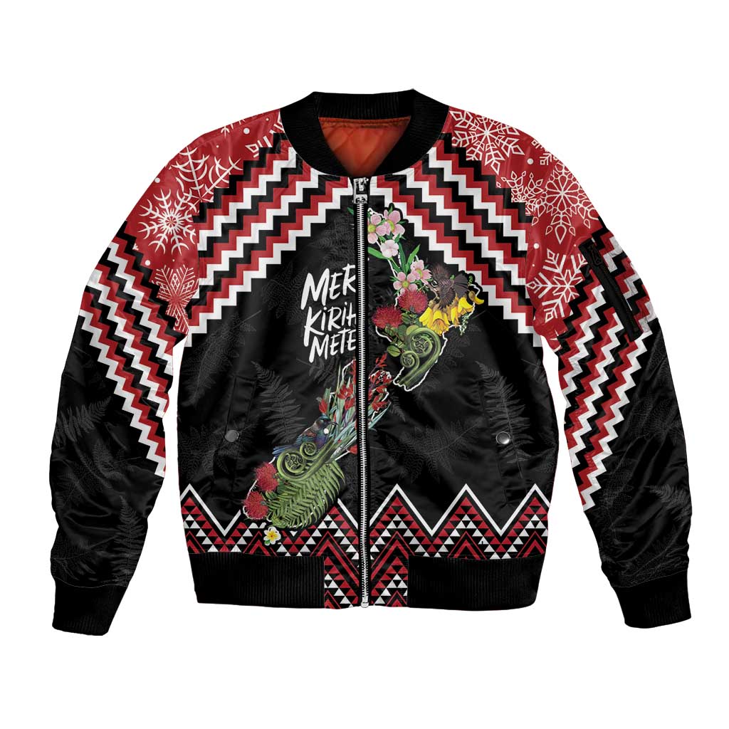 New Zealand Christmas Taniko Poutama Sleeve Zip Bomber Jacket Flora Map with Birds - Aussie Hoodie