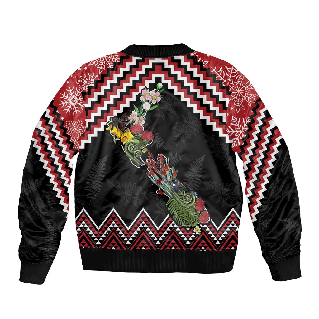 New Zealand Christmas Taniko Poutama Sleeve Zip Bomber Jacket Flora Map with Birds - Aussie Hoodie