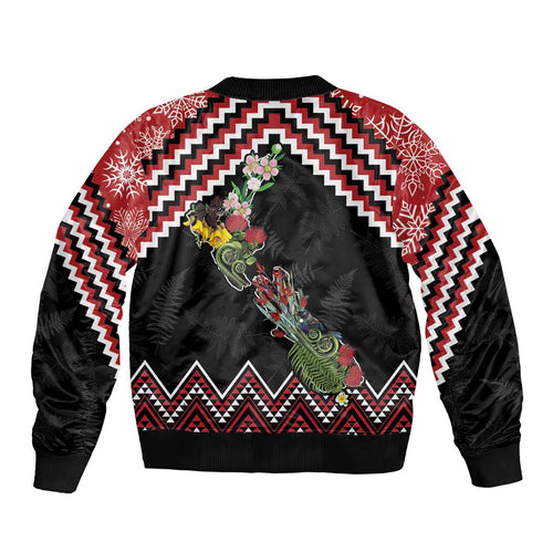New Zealand Christmas Taniko Poutama Sleeve Zip Bomber Jacket Flora Map with Birds - Aussie Hoodie