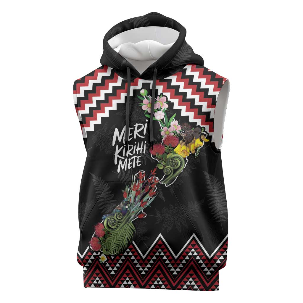 New Zealand Christmas Taniko Poutama Sleeveless Hoodie Flora Map with Birds - Aussie Hoodie