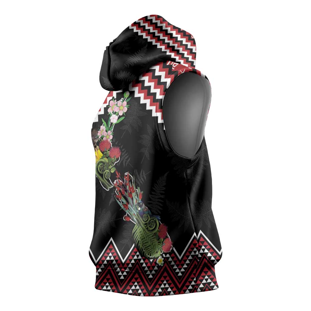 New Zealand Christmas Taniko Poutama Sleeveless Hoodie Flora Map with Birds - Aussie Hoodie