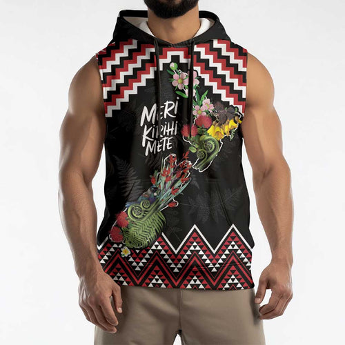 New Zealand Christmas Taniko Poutama Sleeveless Hoodie Flora Map with Birds - Aussie Hoodie