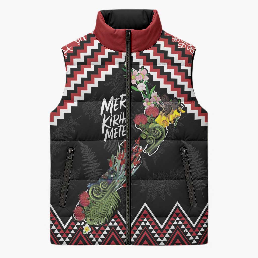 New Zealand Christmas Taniko Poutama Sleeveless Puffer Jacket Flora Map with Birds - Aussie Hoodie