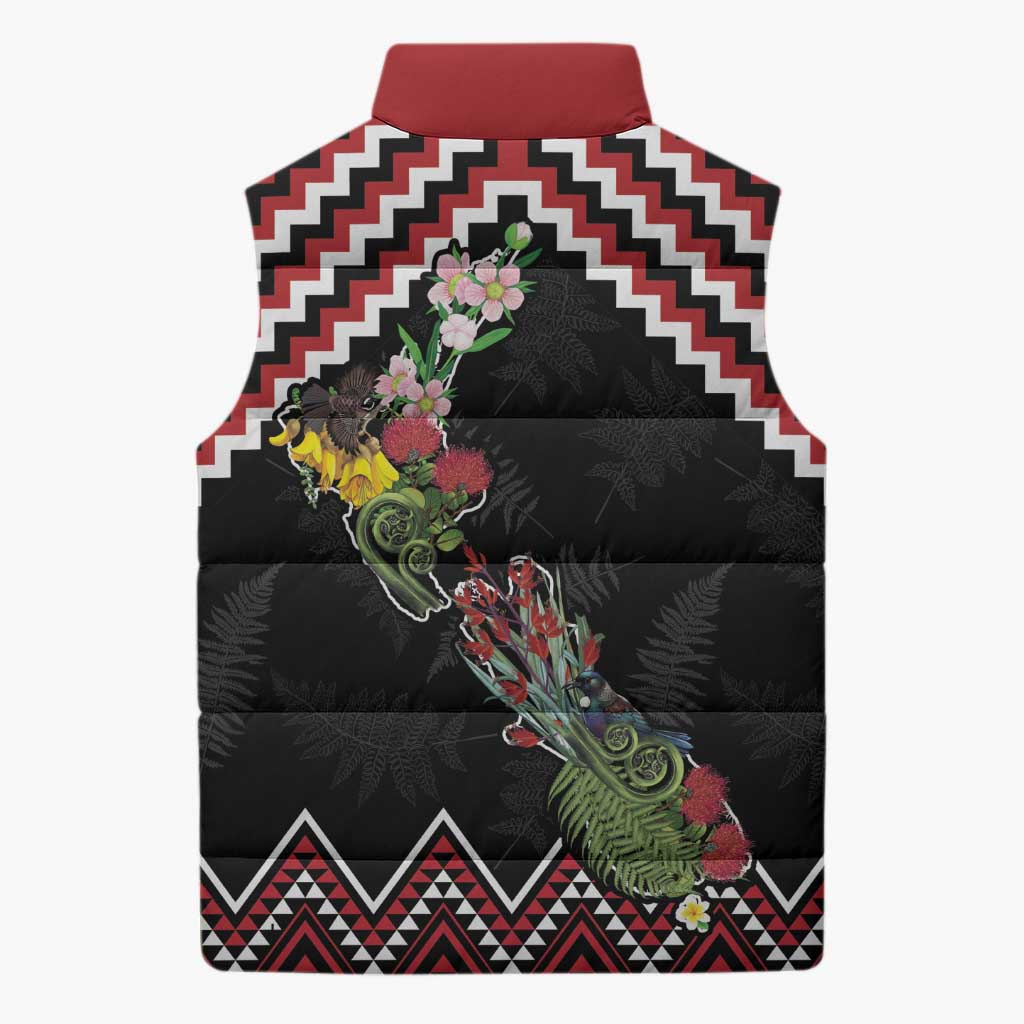 New Zealand Christmas Taniko Poutama Sleeveless Puffer Jacket Flora Map with Birds - Aussie Hoodie
