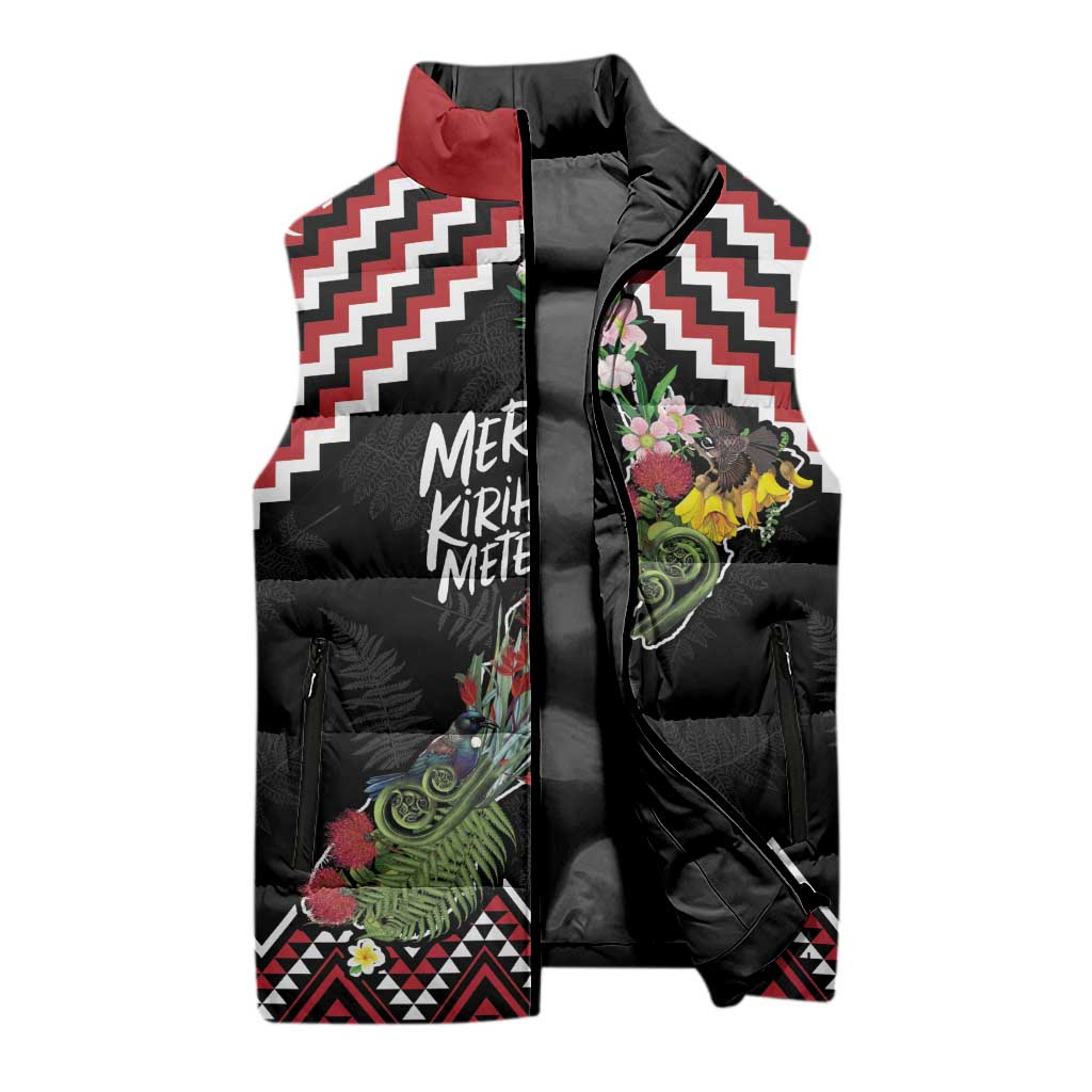 New Zealand Christmas Taniko Poutama Sleeveless Puffer Jacket Flora Map with Birds - Aussie Hoodie