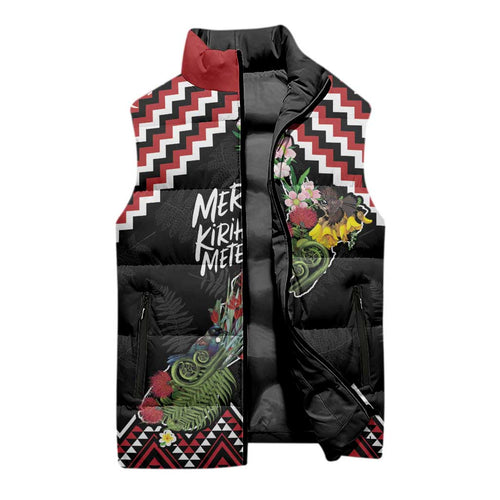 New Zealand Christmas Taniko Poutama Sleeveless Puffer Jacket Flora Map with Birds - Aussie Hoodie