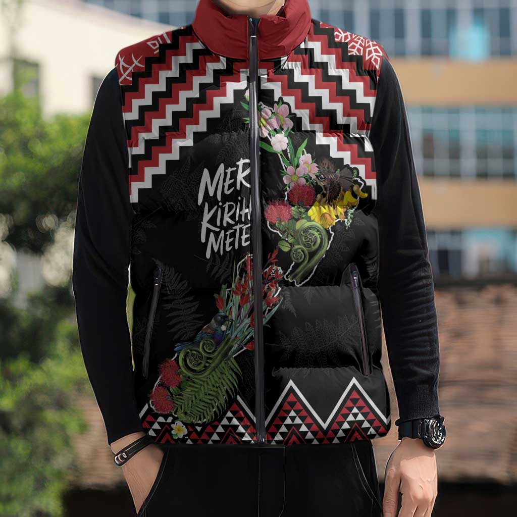 New Zealand Christmas Taniko Poutama Sleeveless Puffer Jacket Flora Map with Birds - Aussie Hoodie