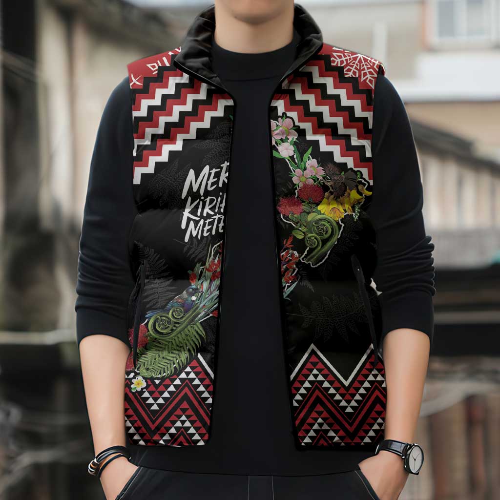New Zealand Christmas Taniko Poutama Sleeveless Puffer Jacket Flora Map with Birds - Aussie Hoodie