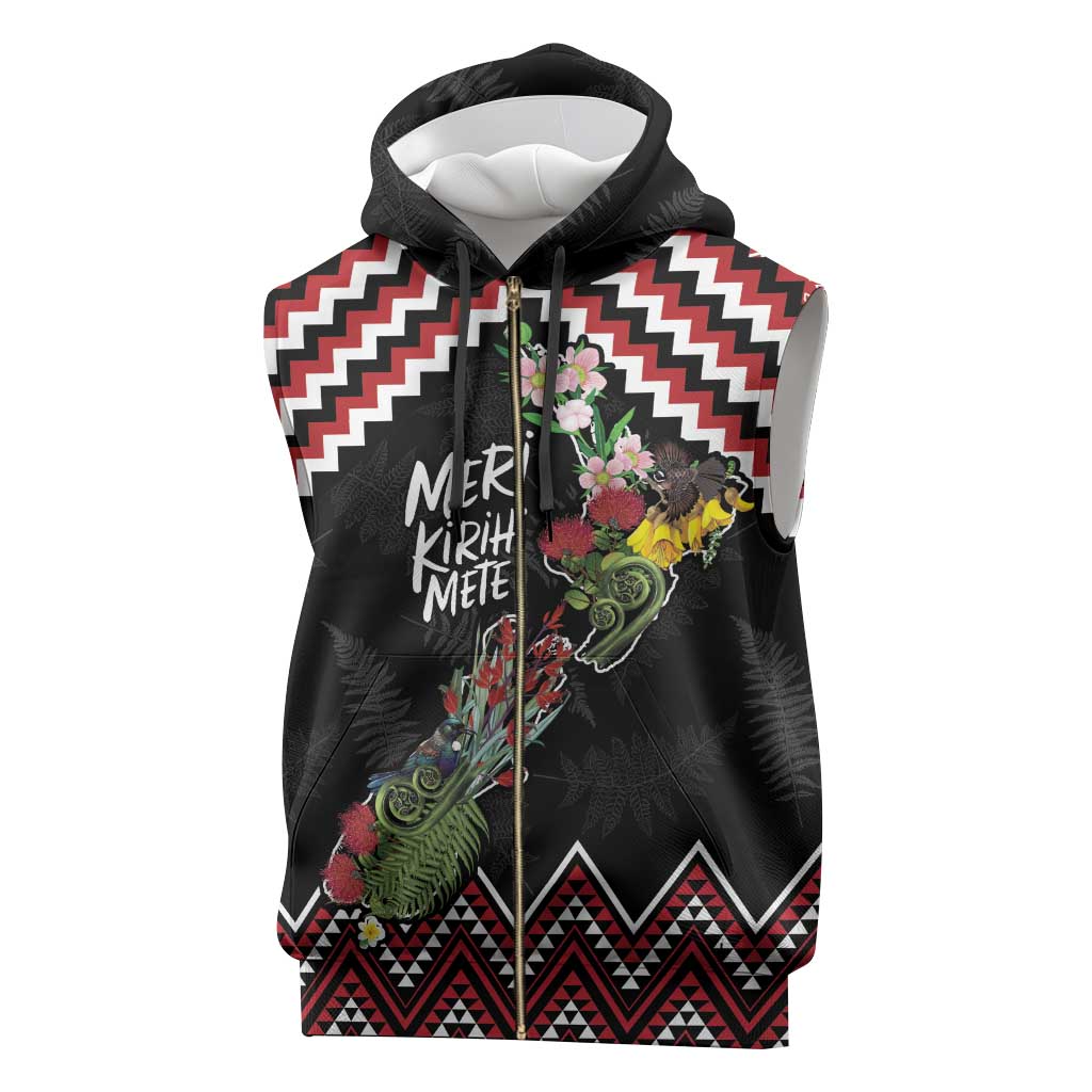New Zealand Christmas Taniko Poutama Sleeveless Zip Hoodie Flora Map with Birds - Aussie Hoodie