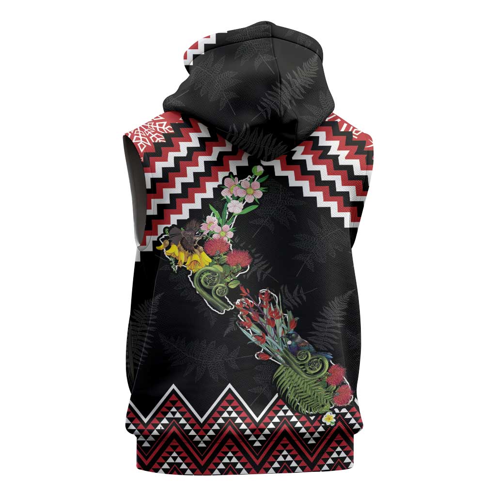 New Zealand Christmas Taniko Poutama Sleeveless Zip Hoodie Flora Map with Birds - Aussie Hoodie