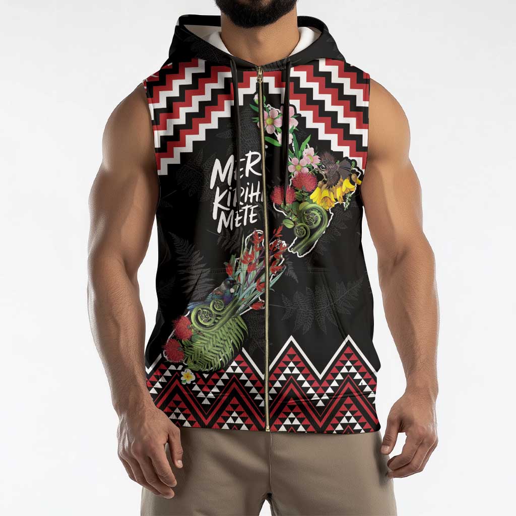 New Zealand Christmas Taniko Poutama Sleeveless Zip Hoodie Flora Map with Birds - Aussie Hoodie