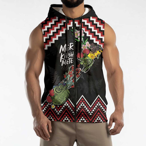 New Zealand Christmas Taniko Poutama Sleeveless Zip Hoodie Flora Map with Birds LT7
