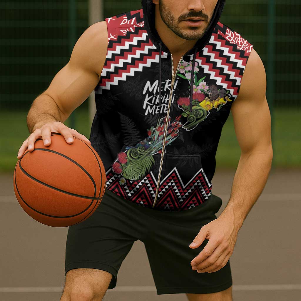 New Zealand Christmas Taniko Poutama Sleeveless Zip Hoodie Flora Map with Birds - Aussie Hoodie