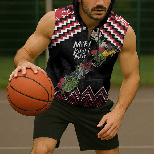 New Zealand Christmas Taniko Poutama Sleeveless Zip Hoodie Flora Map with Birds LT7