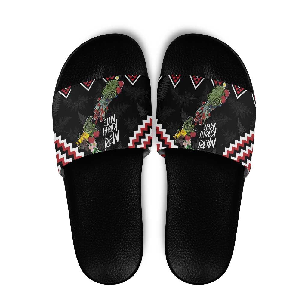 New Zealand Christmas Taniko Poutama Slide Sandals Flora Map with Birds - Aussie Hoodie