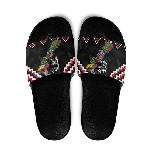New Zealand Christmas Taniko Poutama Slide Sandals Flora Map with Birds - Aussie Hoodie