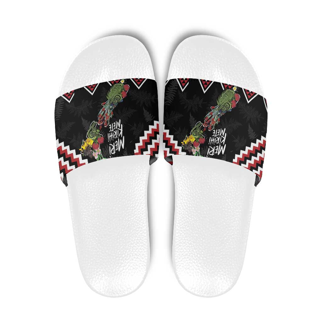 New Zealand Christmas Taniko Poutama Slide Sandals Flora Map with Birds - Aussie Hoodie