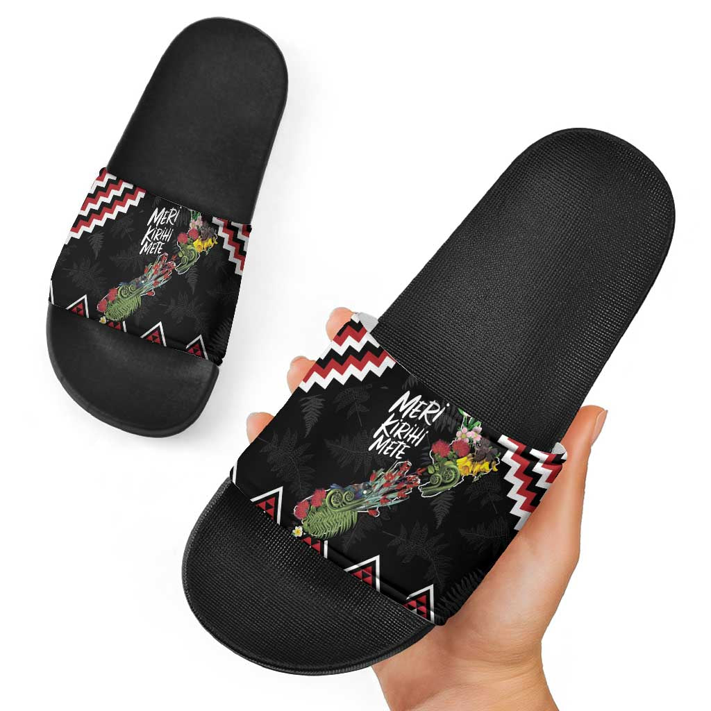 New Zealand Christmas Taniko Poutama Slide Sandals Flora Map with Birds - Aussie Hoodie