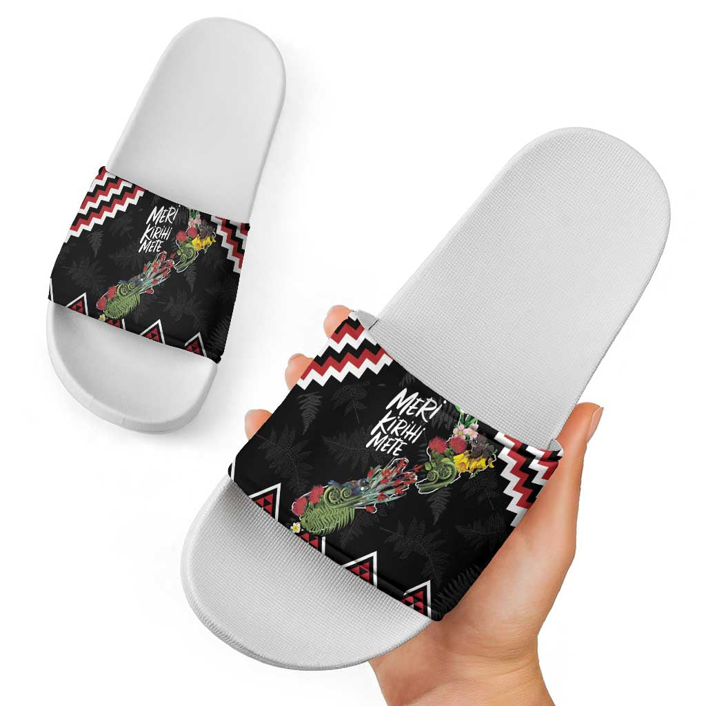 New Zealand Christmas Taniko Poutama Slide Sandals Flora Map with Birds - Aussie Hoodie