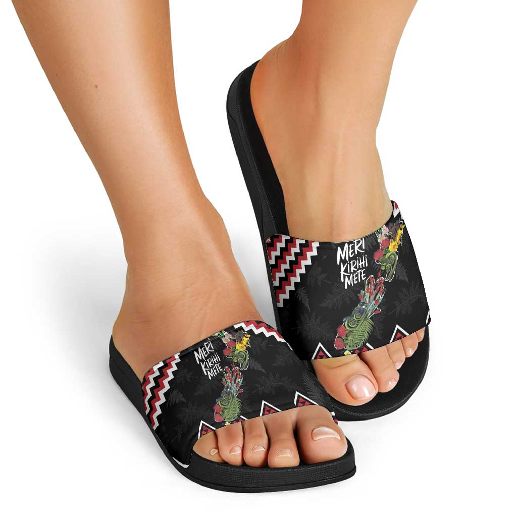 New Zealand Christmas Taniko Poutama Slide Sandals Flora Map with Birds - Aussie Hoodie