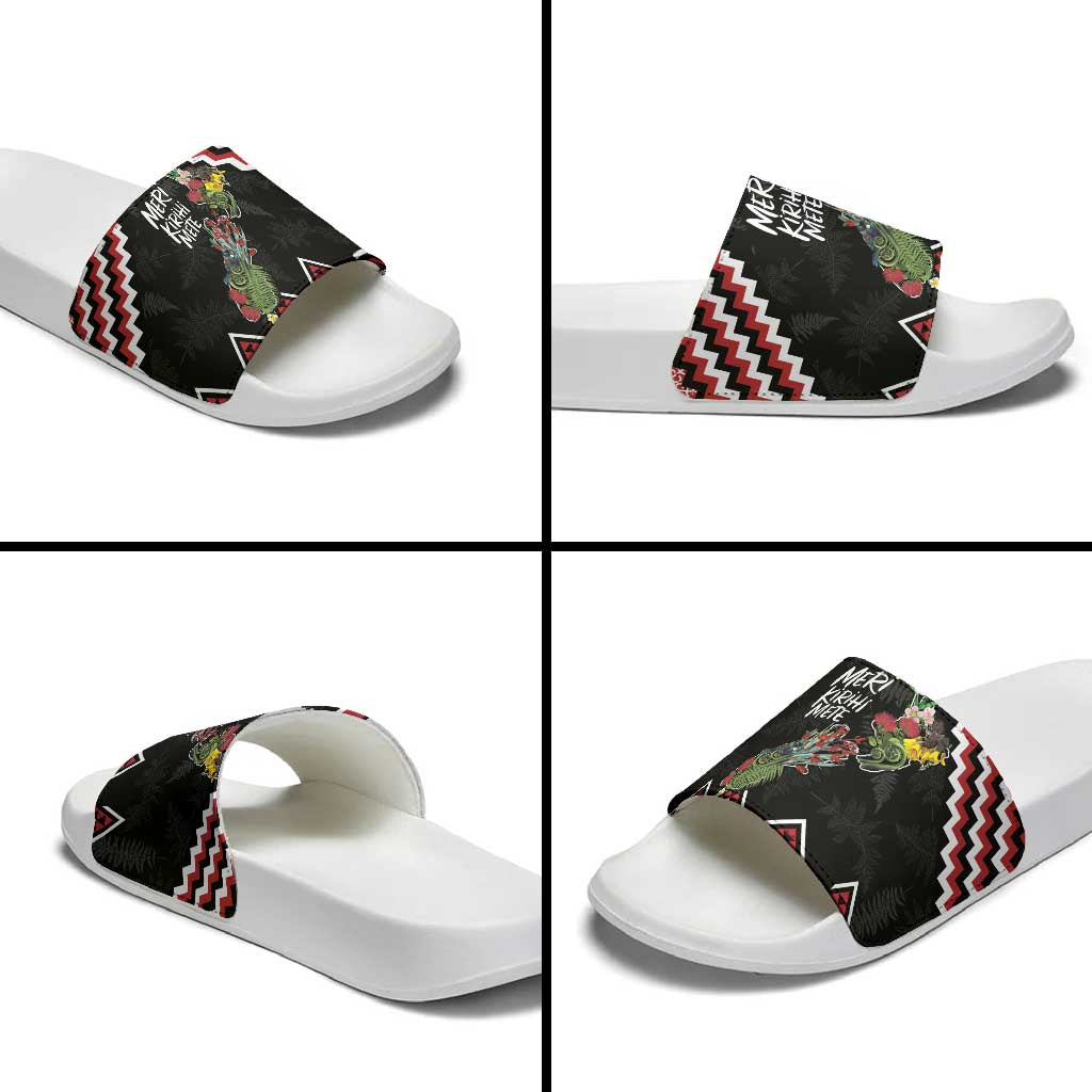 New Zealand Christmas Taniko Poutama Slide Sandals Flora Map with Birds - Aussie Hoodie