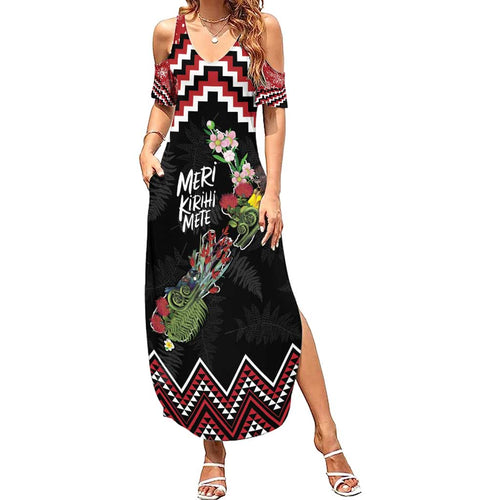 New Zealand Christmas Taniko Poutama Summer Maxi Dress Flora Map with Birds - Aussie Hoodie