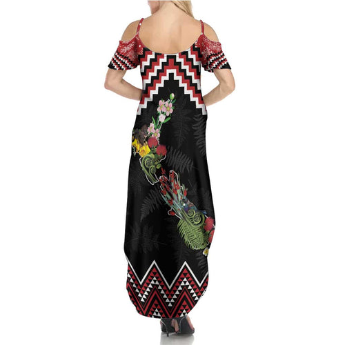 New Zealand Christmas Taniko Poutama Summer Maxi Dress Flora Map with Birds - Aussie Hoodie