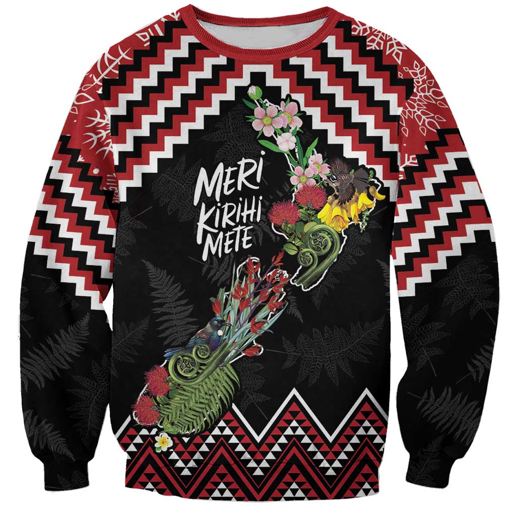 New Zealand Christmas Taniko Poutama Sweatshirt Flora Map with Birds - Aussie Hoodie