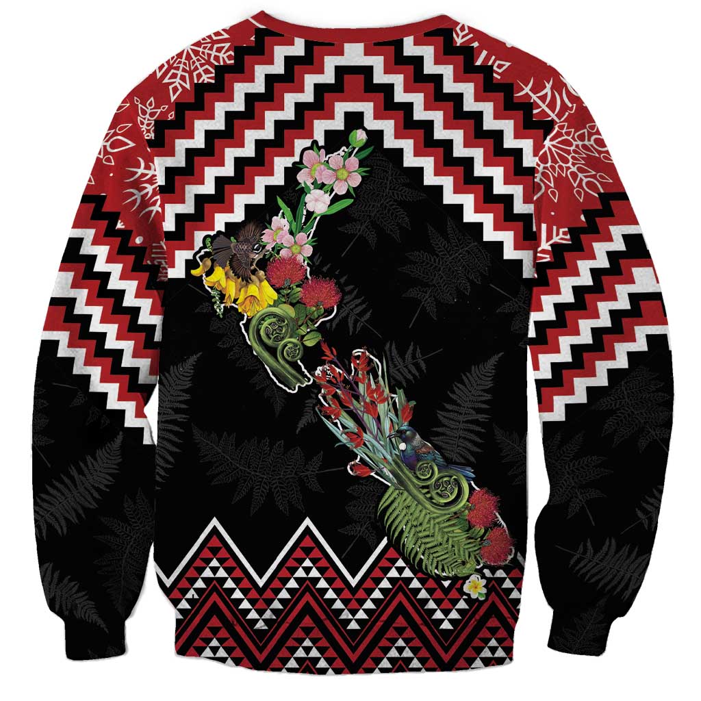 New Zealand Christmas Taniko Poutama Sweatshirt Flora Map with Birds - Aussie Hoodie