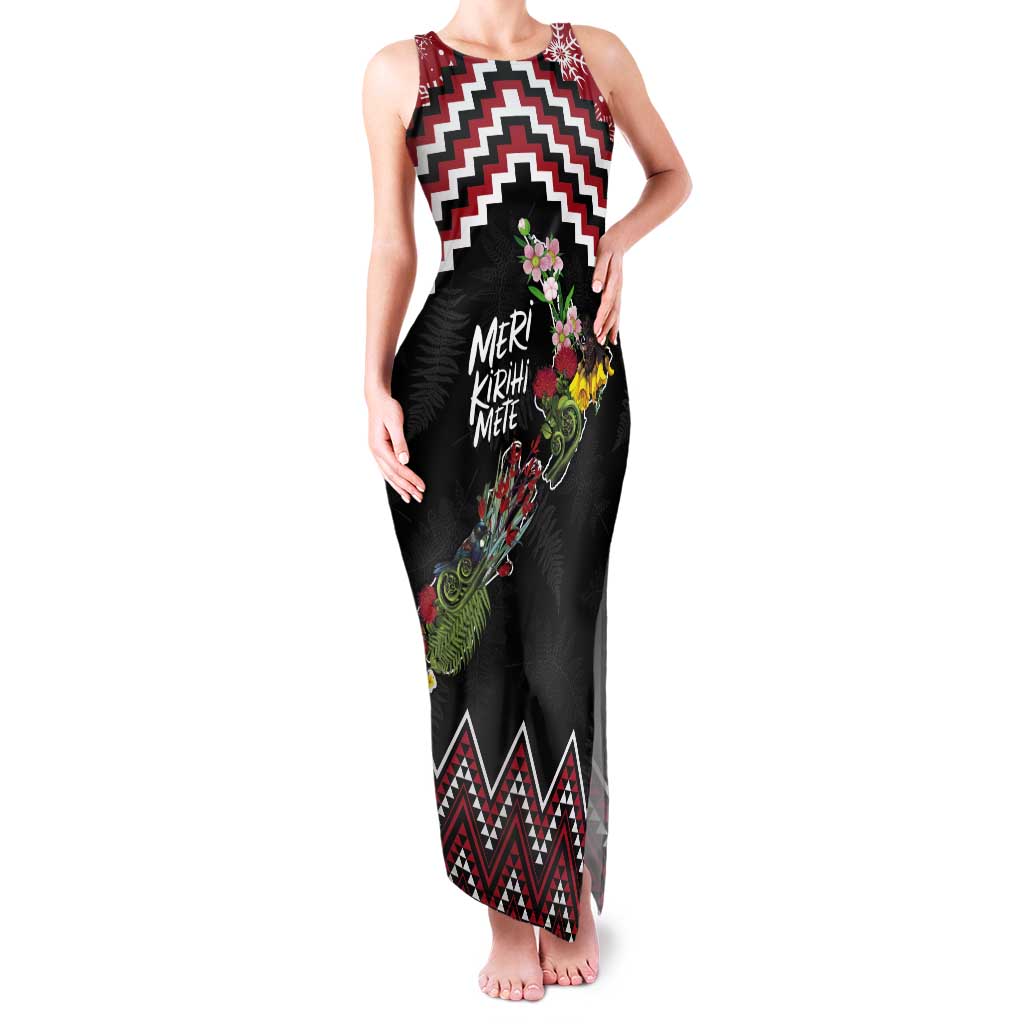 New Zealand Christmas Taniko Poutama Tank Maxi Dress Flora Map with Birds - Aussie Hoodie