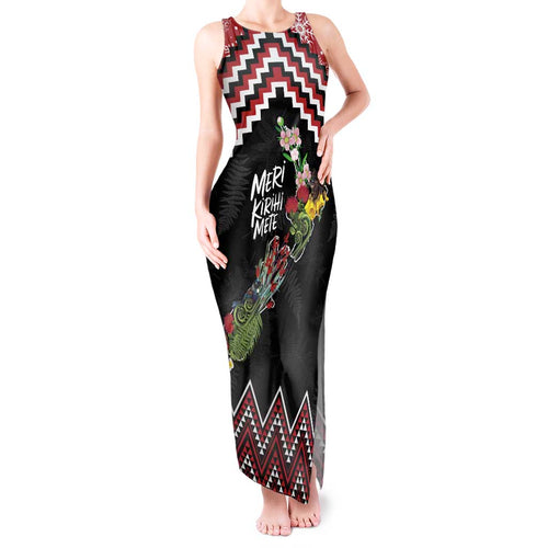 New Zealand Christmas Taniko Poutama Tank Maxi Dress Flora Map with Birds - Aussie Hoodie