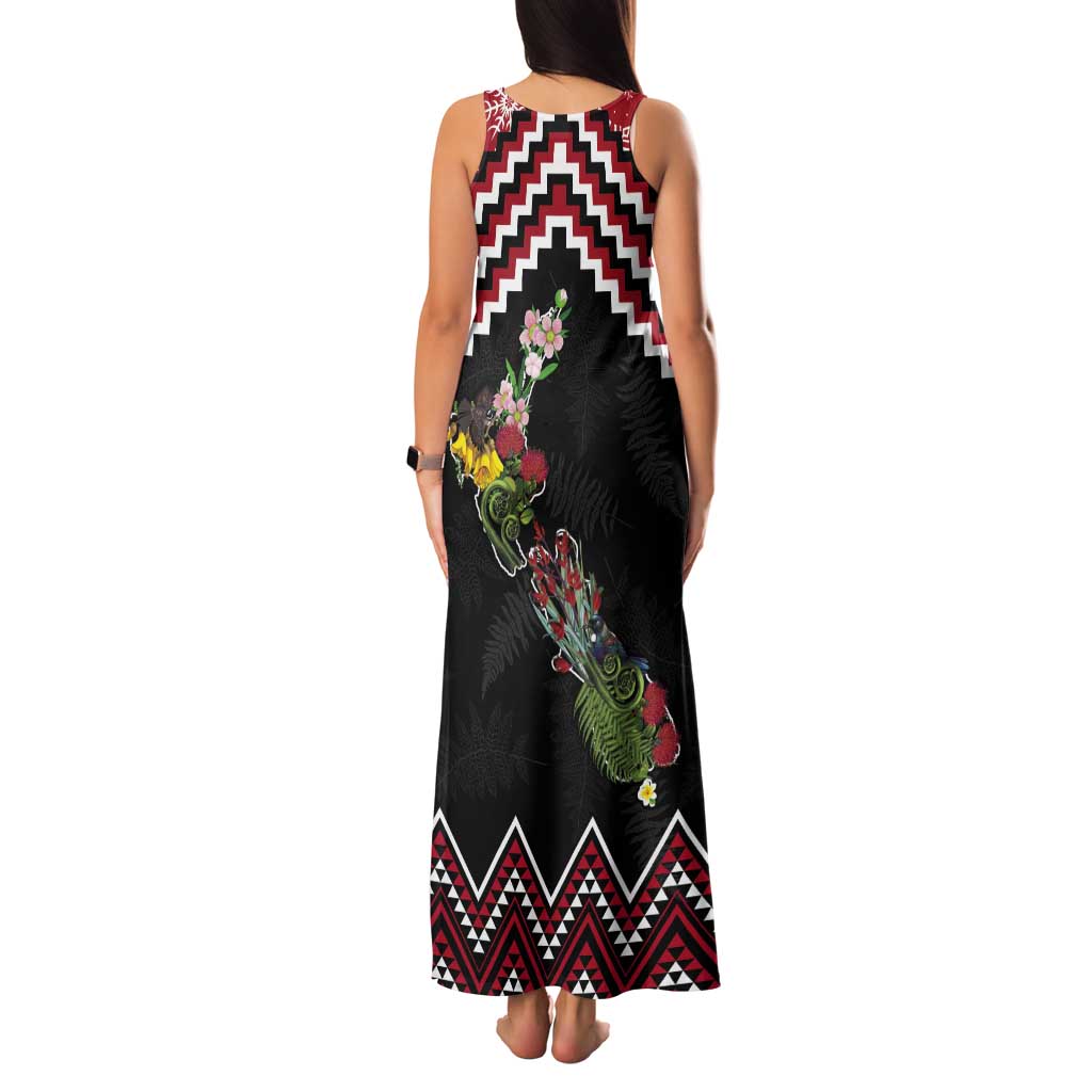 New Zealand Christmas Taniko Poutama Tank Maxi Dress Flora Map with Birds - Aussie Hoodie