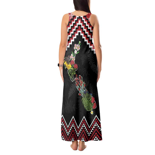 New Zealand Christmas Taniko Poutama Tank Maxi Dress Flora Map with Birds - Aussie Hoodie