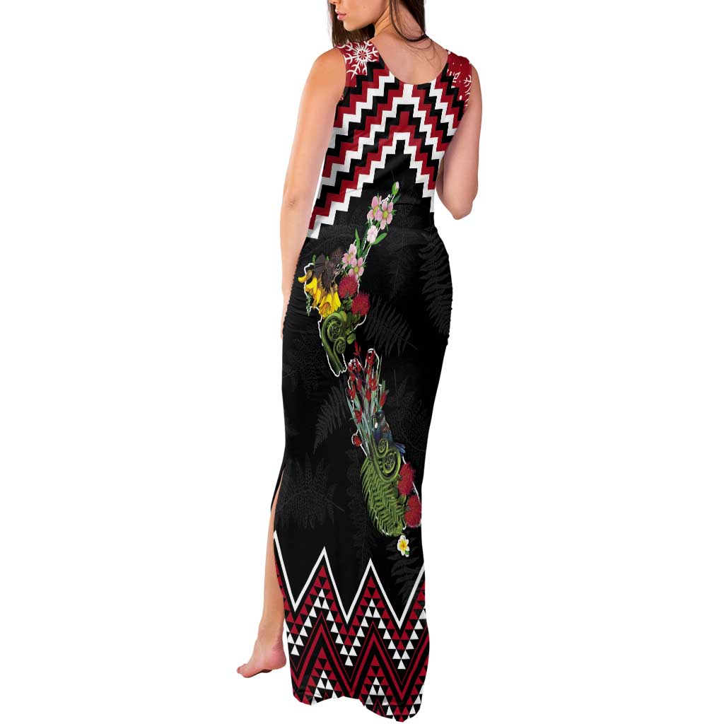 New Zealand Christmas Taniko Poutama Tank Maxi Dress Flora Map with Birds - Aussie Hoodie