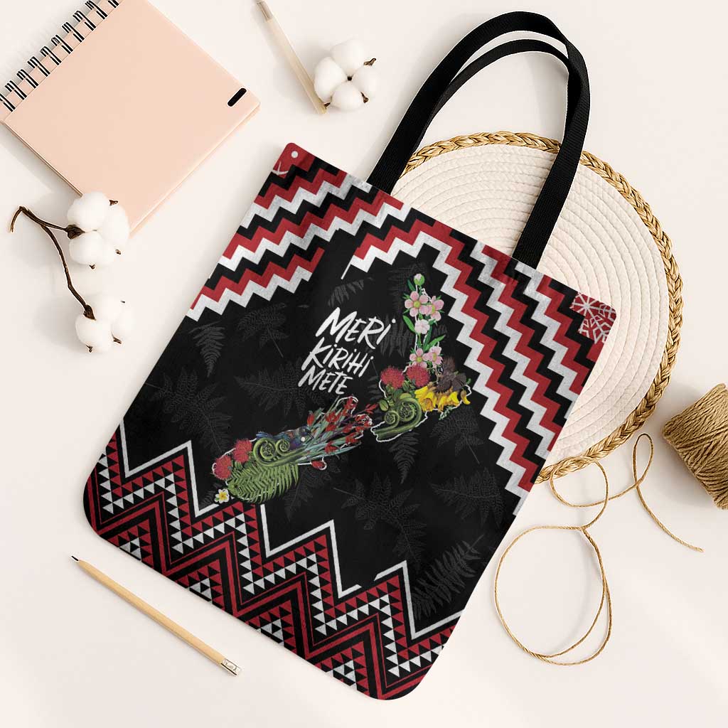 New Zealand Christmas Taniko Poutama Tote Bag Flora Map with Birds - Aussie Hoodie