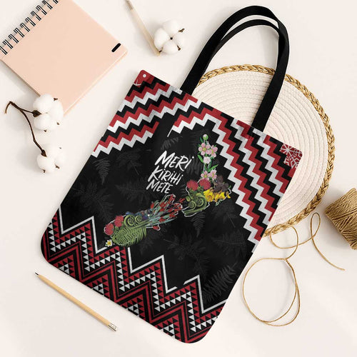 New Zealand Christmas Taniko Poutama Tote Bag Flora Map with Birds - Aussie Hoodie