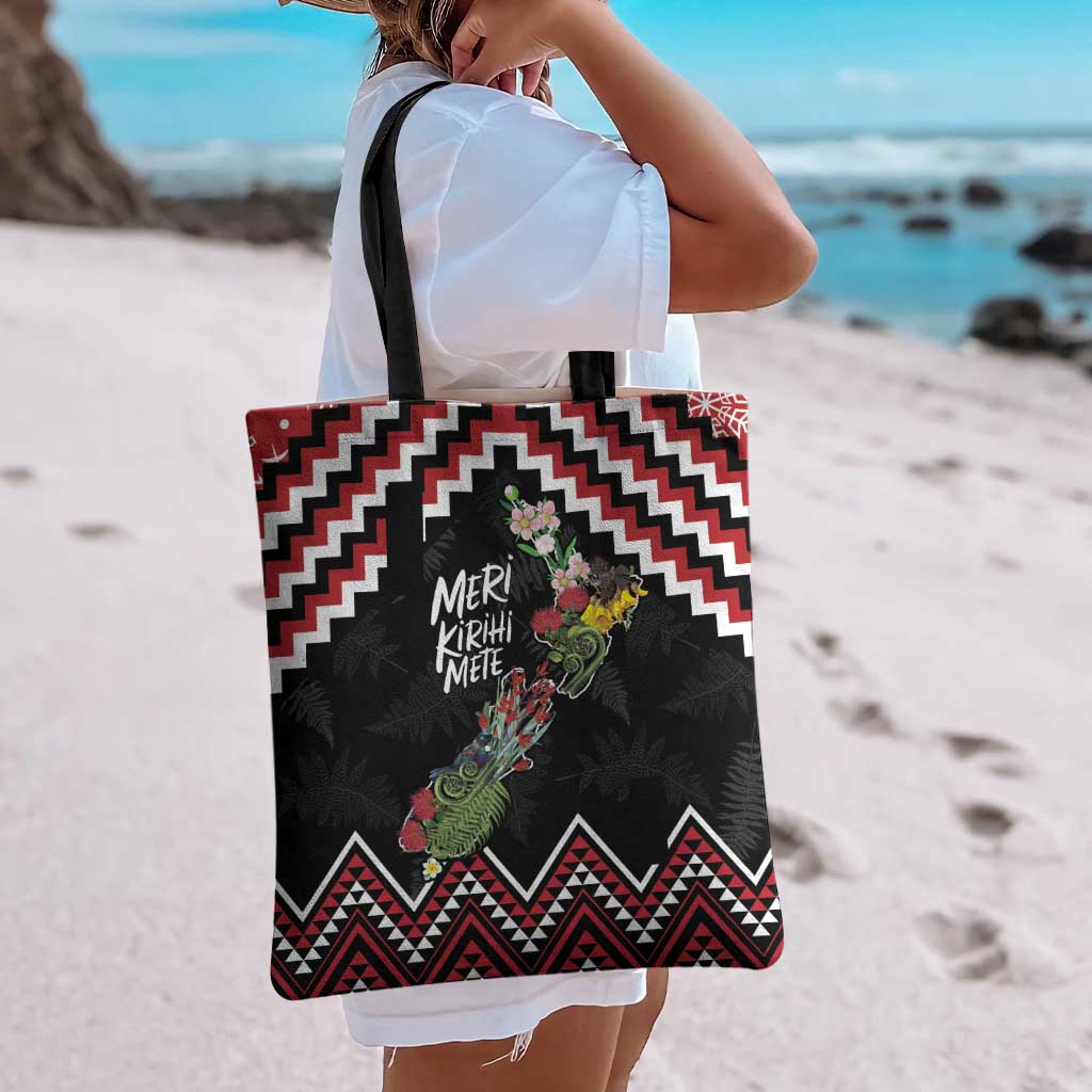 New Zealand Christmas Taniko Poutama Tote Bag Flora Map with Birds - Aussie Hoodie