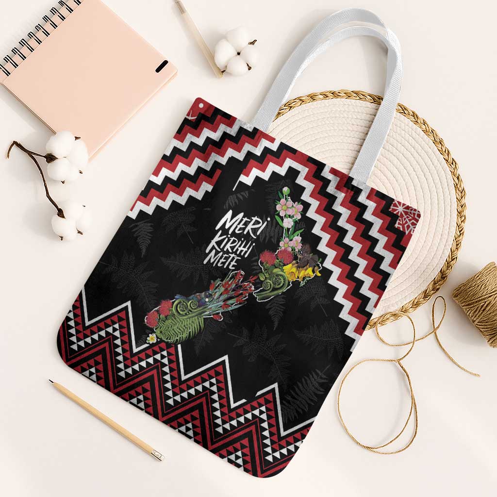 New Zealand Christmas Taniko Poutama Tote Bag Flora Map with Birds - Aussie Hoodie