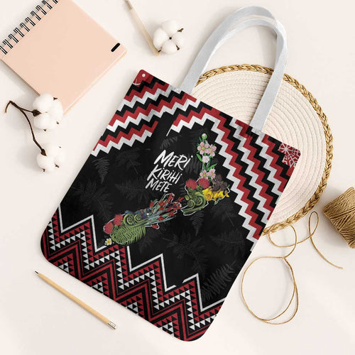 New Zealand Christmas Taniko Poutama Tote Bag Flora Map with Birds - Aussie Hoodie