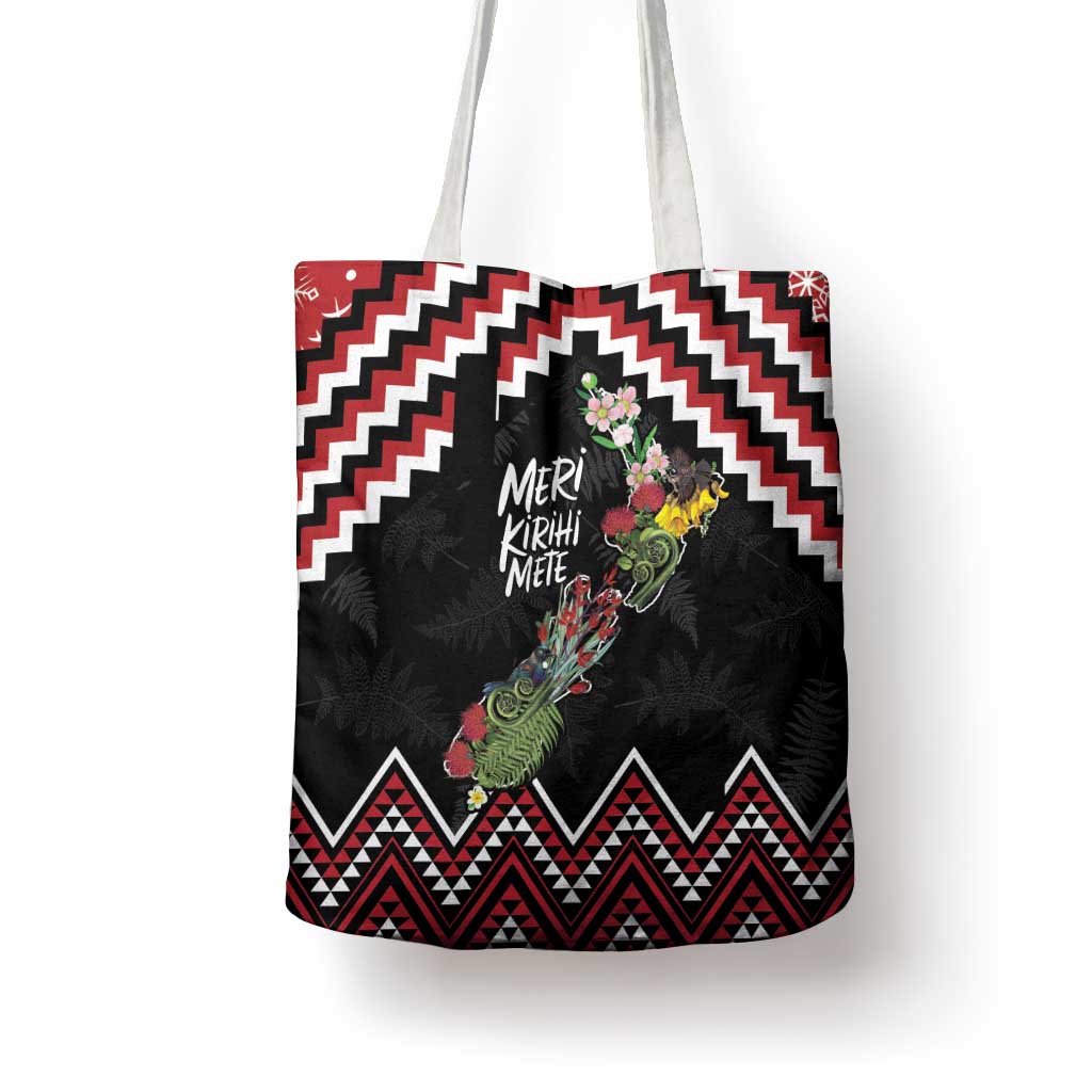 New Zealand Christmas Taniko Poutama Tote Bag Flora Map with Birds - Aussie Hoodie