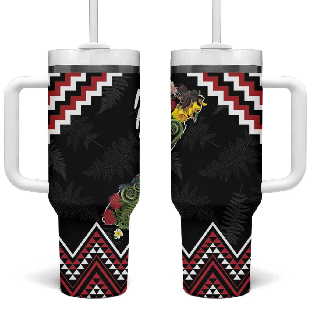 New Zealand Christmas Taniko Poutama Tumbler With Handle Flora Map with Birds - Aussie Hoodie