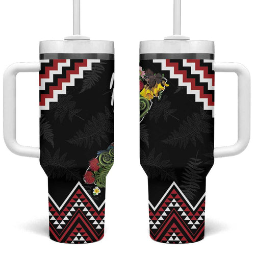 New Zealand Christmas Taniko Poutama Tumbler With Handle Flora Map with Birds - Aussie Hoodie