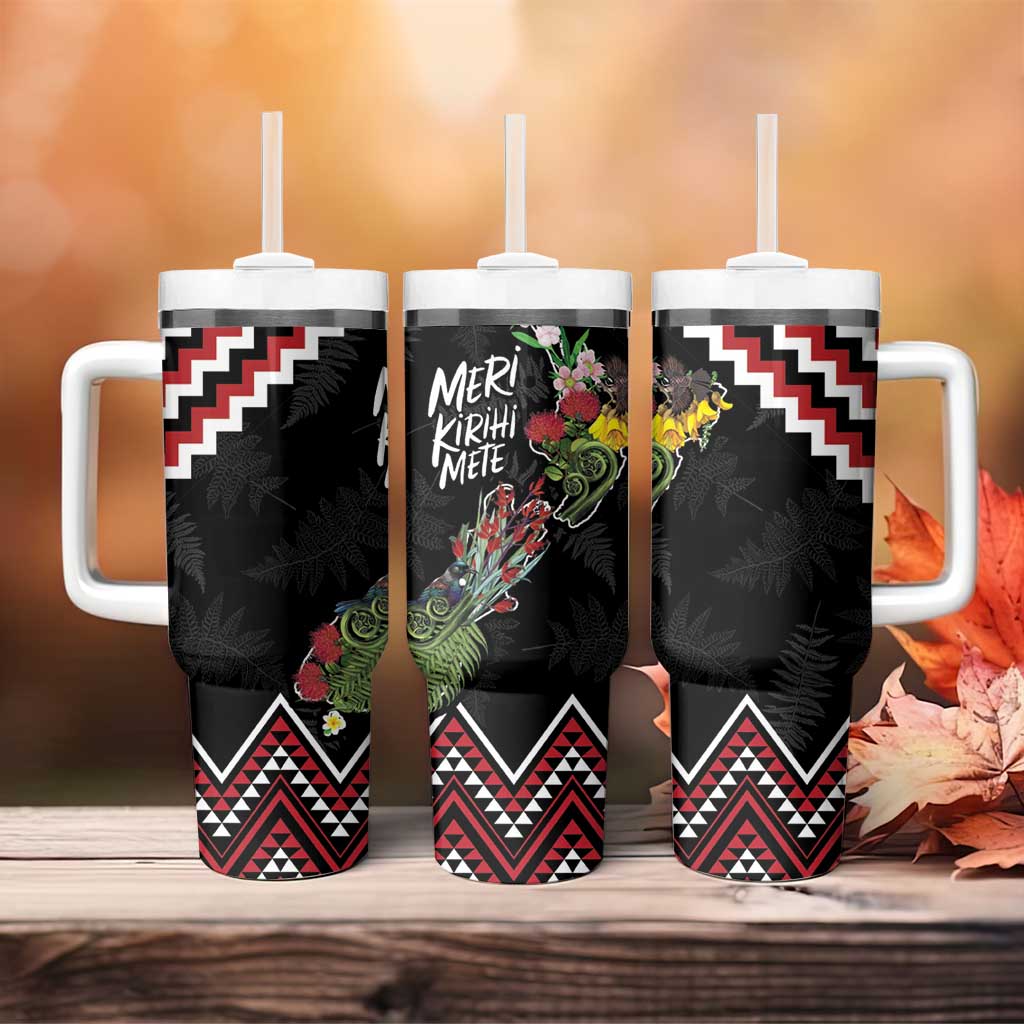 New Zealand Christmas Taniko Poutama Tumbler With Handle Flora Map with Birds - Aussie Hoodie