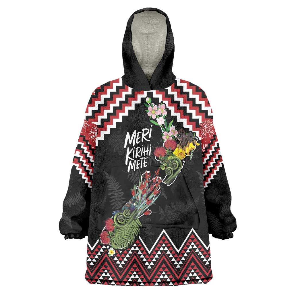 New Zealand Christmas Taniko Poutama Wearable Blanket Hoodie Flora Map with Birds - Aussie Hoodie