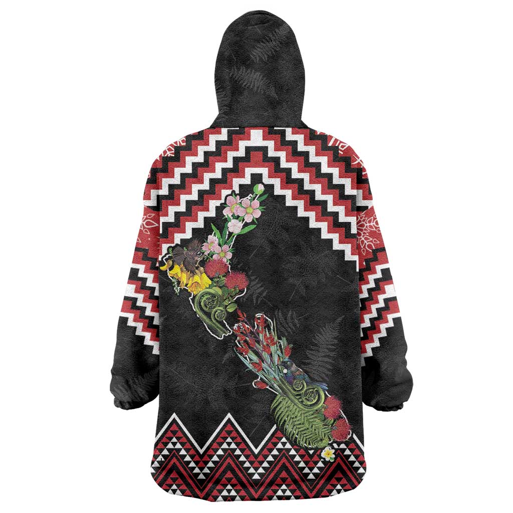 New Zealand Christmas Taniko Poutama Wearable Blanket Hoodie Flora Map with Birds - Aussie Hoodie