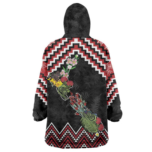 New Zealand Christmas Taniko Poutama Wearable Blanket Hoodie Flora Map with Birds - Aussie Hoodie