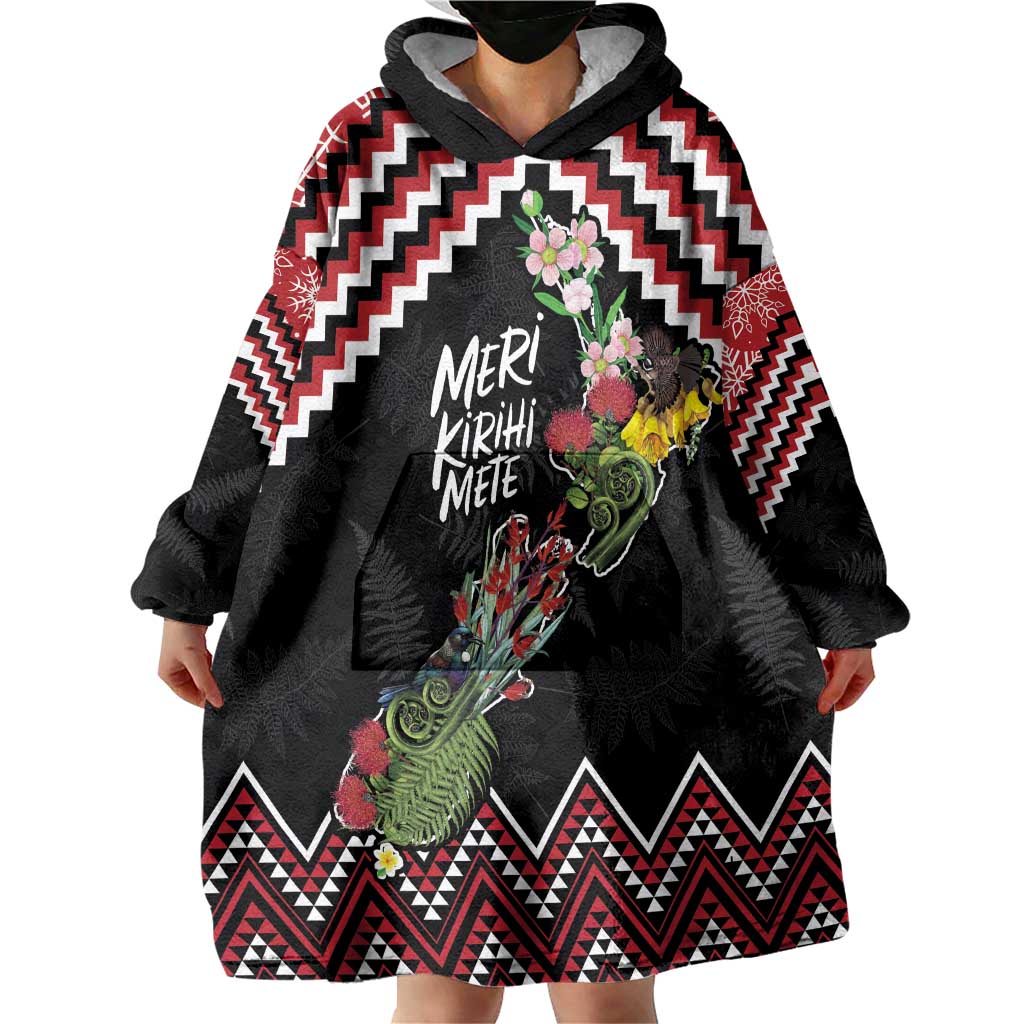 New Zealand Christmas Taniko Poutama Wearable Blanket Hoodie Flora Map with Birds - Aussie Hoodie