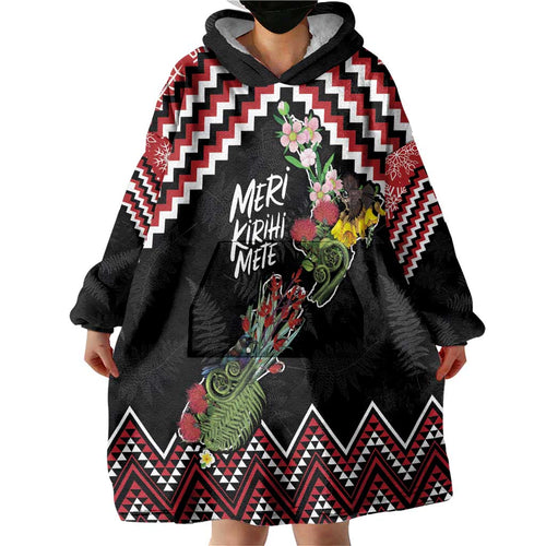 New Zealand Christmas Taniko Poutama Wearable Blanket Hoodie Flora Map with Birds - Aussie Hoodie